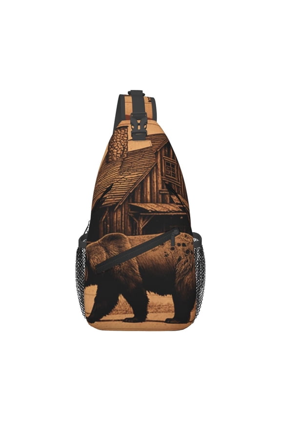 Rustic Lodge Cabin Bear Southwestern Vintage Sling Backpack Shoulder Chest Crossbody Bag Causal Travel Hiking Daypack