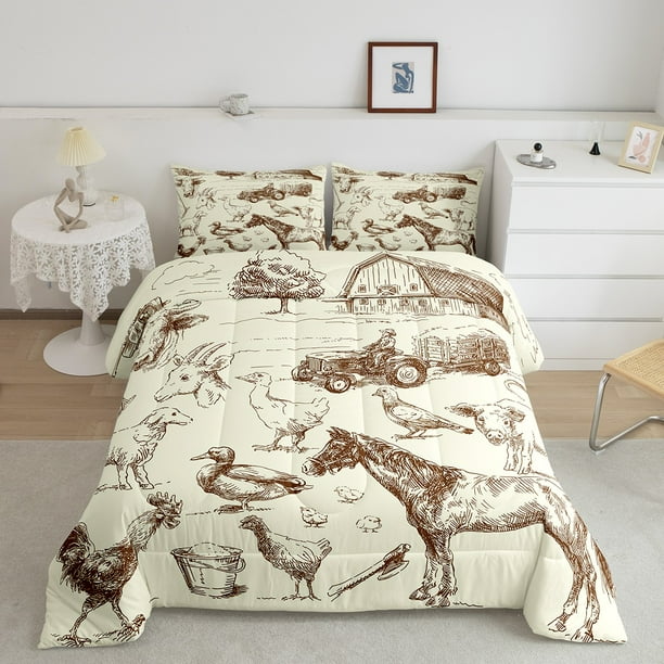 Rustic Lodge Cabin Bedding Set King Vintage Farmhouse Comforter Set Farm Tractor Truck Duvet Insert Horse Pig Duck Quilt Sets Farm Animals Bedding Comforters Sets Rooster Sheep Home Decor Microfiber