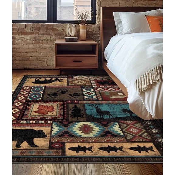 Rustic Lodge Cabin Machine Washable Non-Slip Area Rug with Wildlife Motifs