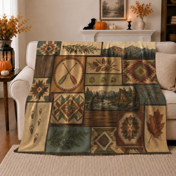 Rustic Lodge Cabin Pine Forest Patchwork Pattern Pattern, Peaceful Mountain Lake Scene, Warm Flannel Blanket for Cabin and Lodge, Outdoor Lovers person's Day Gift, Artistic Home Decor