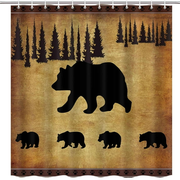Rustic Cabin Shower Curtain, Animal Black Bear Forest Trees Print Country Farmhouse Bathroom Accessories Shower Curtains Fabric, 72X72 inches