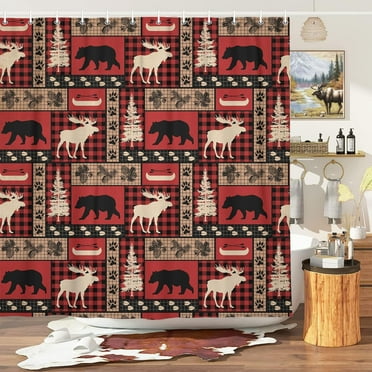 Rustic Lodge Cabin Shower Curtain Red and Black Plaid Patchwork Pattern, Woodland Wildlife Bath Curtain with Black Bear Moose Animal Hunting Vintage Farmhouse Bathroom Decor Set with Hooks 72X72IN