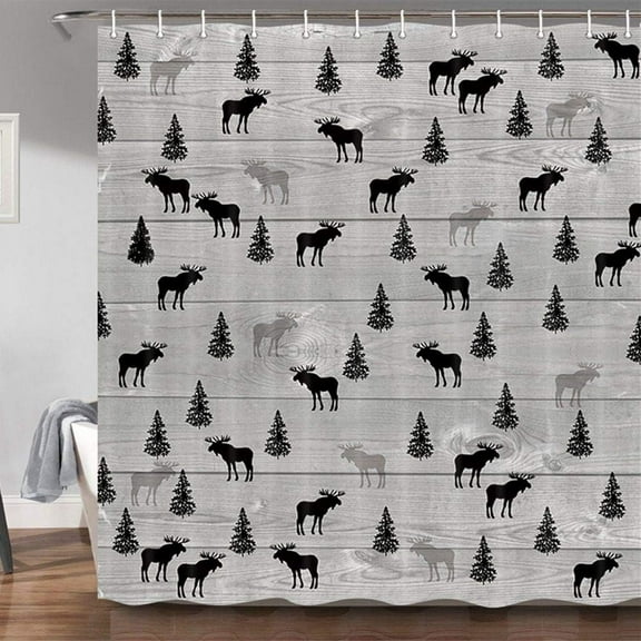 Rustic Lodge Cabin Shower Curtain, Vintage Moose Deer Pine Tree Decor Country Style Bathroom Curtains with 12 Hooks Sets, Wildlife Design Gray and Black Bathroom Accessories, 72 X 72 Inch