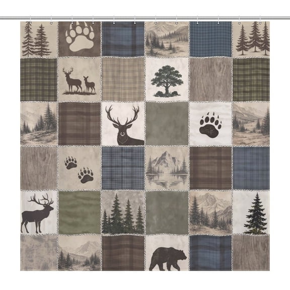 Rustic Lodge Deer And Bear Patchwork Shower Curtain Waterproof Fabric Bathroom Decor with Hooks 71x71 inches
