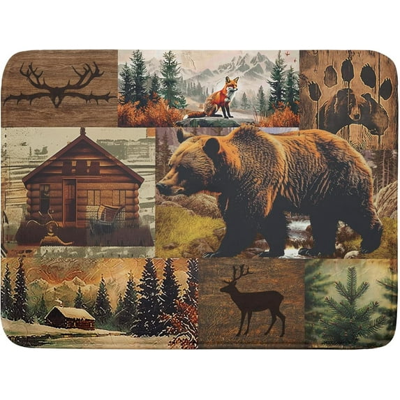 Rustic Lodge Dish Drying Mat 18x24 Inches, Forest Bear Moose Fox Wildlife Wood Cabin Washable Absorbent Dishes Drainer Rack Pad for Kitchen Counter Country Camp Style Decor