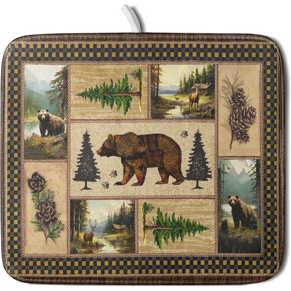 Rustic Lodge Dish Drying Mats for Kitchen Counter 18x16 Inches, Cabin Bear Deer Pine Cone Brown Plaid Absorbent Microfiber Drying Pad Rack Mat for Dishes Utensils Under Sink