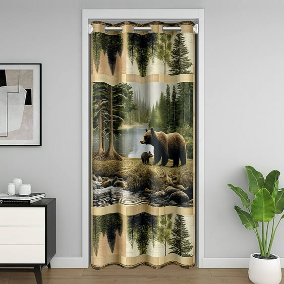 Rustic Lodge Door Curtain 80"x60" 1 Panel,Wild Bear Deer Jungle Animal Cabin Doorway Curtain for Bedroom,Green Pine Trees Natural River Retro Brown Closet Door Curtain Adults