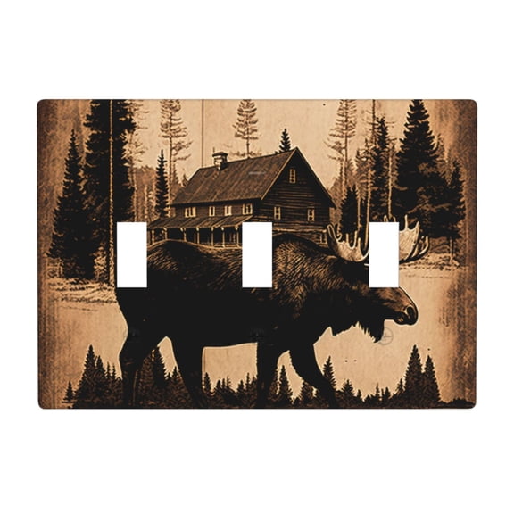 Rustic Lodge Moose Deer Vintage 3 Gang Light Switch Cover Decorative Triple Toggle Wall Plate for Kitchen Bedroom Bathroom Living Room Decor