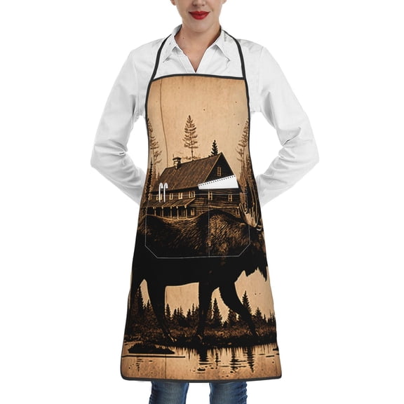 Rustic Lodge Moose Deer Vintage Apron with Pocket Cooking Waterproof Bib Aprons for Kitchen Baking Chef Gardening BBQ