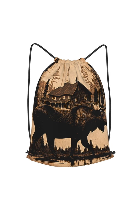 Rustic Lodge Moose Deer Vintage Drawstring Backpack Gym String Bag Sports Sackpack Cinch Sack, Small