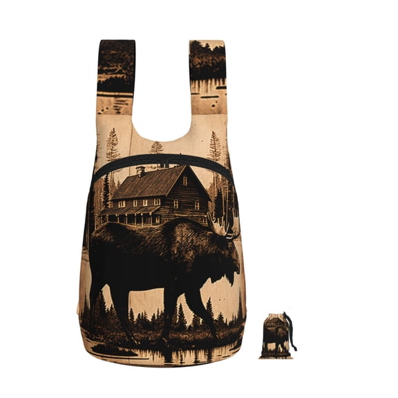 Rustic Lodge Moose Deer Vintage Foldable Storage Backpack Lightweight Packable Travel Daypack for Shopping Commuting Hiking