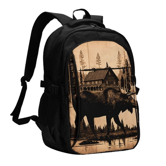 Rustic Lodge Moose Deer Vintage Laptop Backpack with USB Charging Headphone Port Casual Daypack Bag College Business Travel