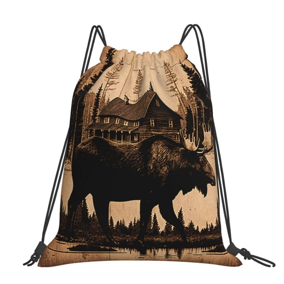 Rustic Lodge Moose Deer Vintage Large Drawstring Backpack Casual Cinch Sack Bag Backpack for Sports Hiking Travel Gym