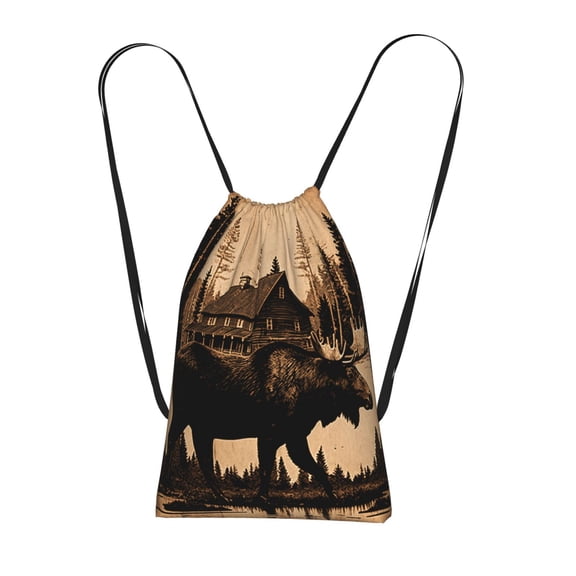 Rustic Lodge Moose Deer Vintage Packable Drawstring Backpack, Lightweight Foldable Cinch Storage Bag for Gym Travel Shopping