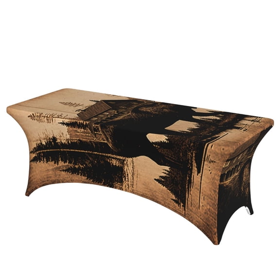 Rustic Lodge Moose Deer Vintage Stretch Rectangular Table Cover 6FT Elastic Fitted Tablecloth for Parties, Weddings, Banquets