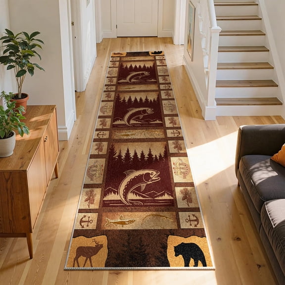 Rustic Lodge Runner Rug 2x6ft, Vintage Bear Fish Pine Tree Cabin Theme Washable Non-Slip Hallway Mat