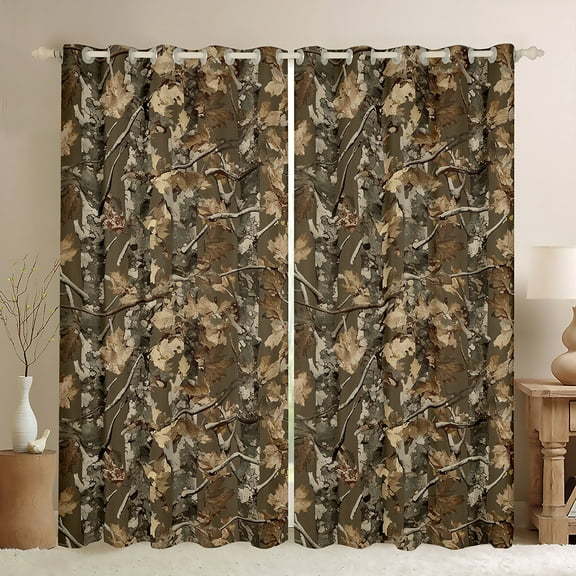 Rustic Lodge Window Drapes Block 30%-50% Light,Farmhouse Woods Brown Camouflage Camo Kitchen Window Treatments 42Wx63L Inches,Jungle Trees Brown Maple Leaves Nature Decor Window Curtains
