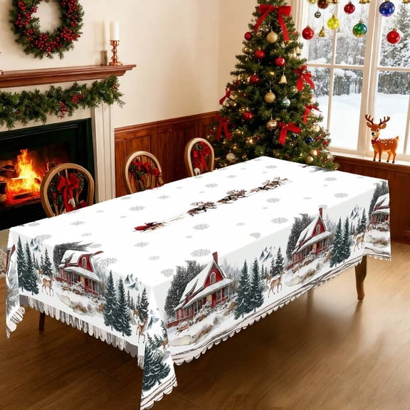 Rustic Lodge Winter Scene Rectangular Tablecloth 55x70in Multicolor Snowy Cabin Print