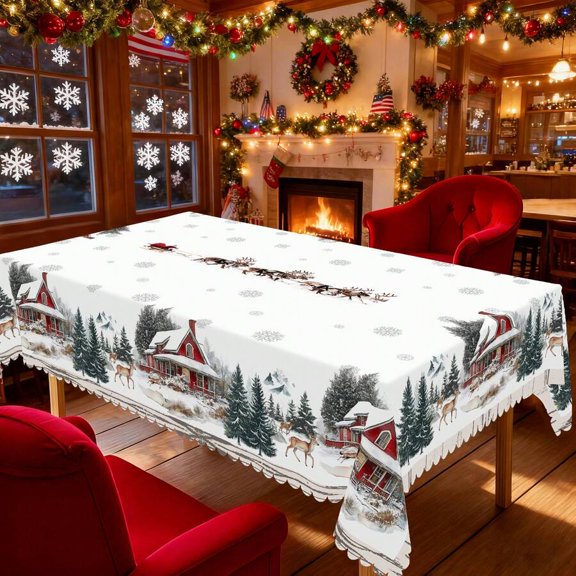 Rustic Lodge Winter Scene Rectangular Tablecloth 60x86in Multicolor Snowy Cabin Print