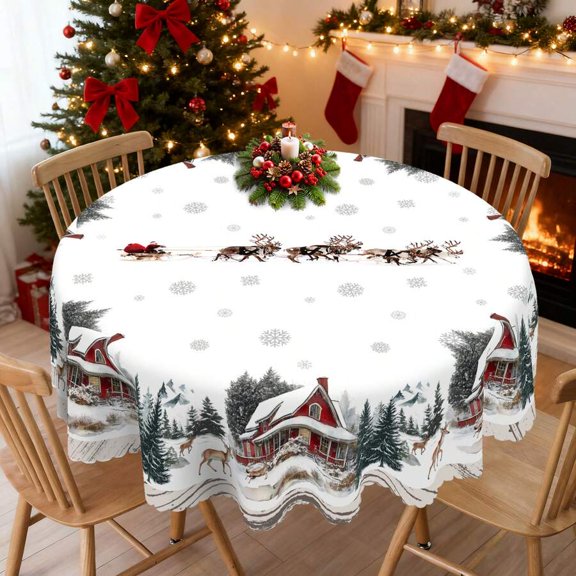 Rustic Lodge Winter Scene Round Tablecloth 60 Inch White Multicolor