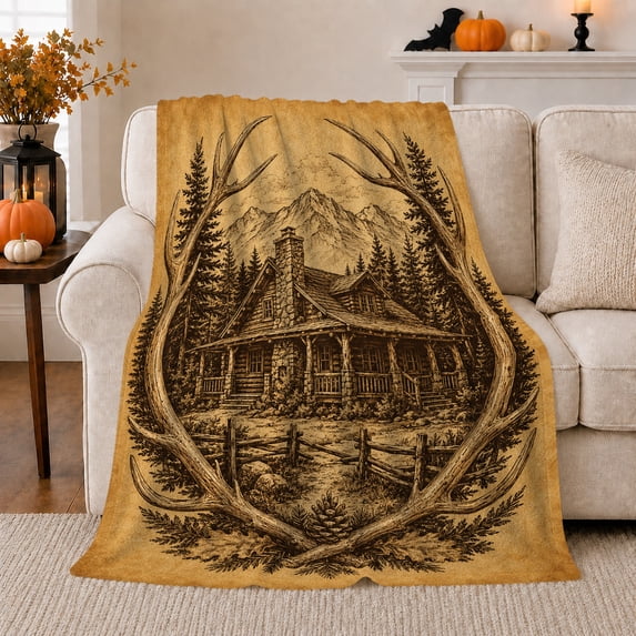 Rustic Log Cabin Antlers Pinecone, Peaceful Mountain Lake Scene, Warm Flannel Blanket for Cabin and Lodge with Detailed Artwork, Outdoor Lovers Christmas Gift, Festive Home Decor