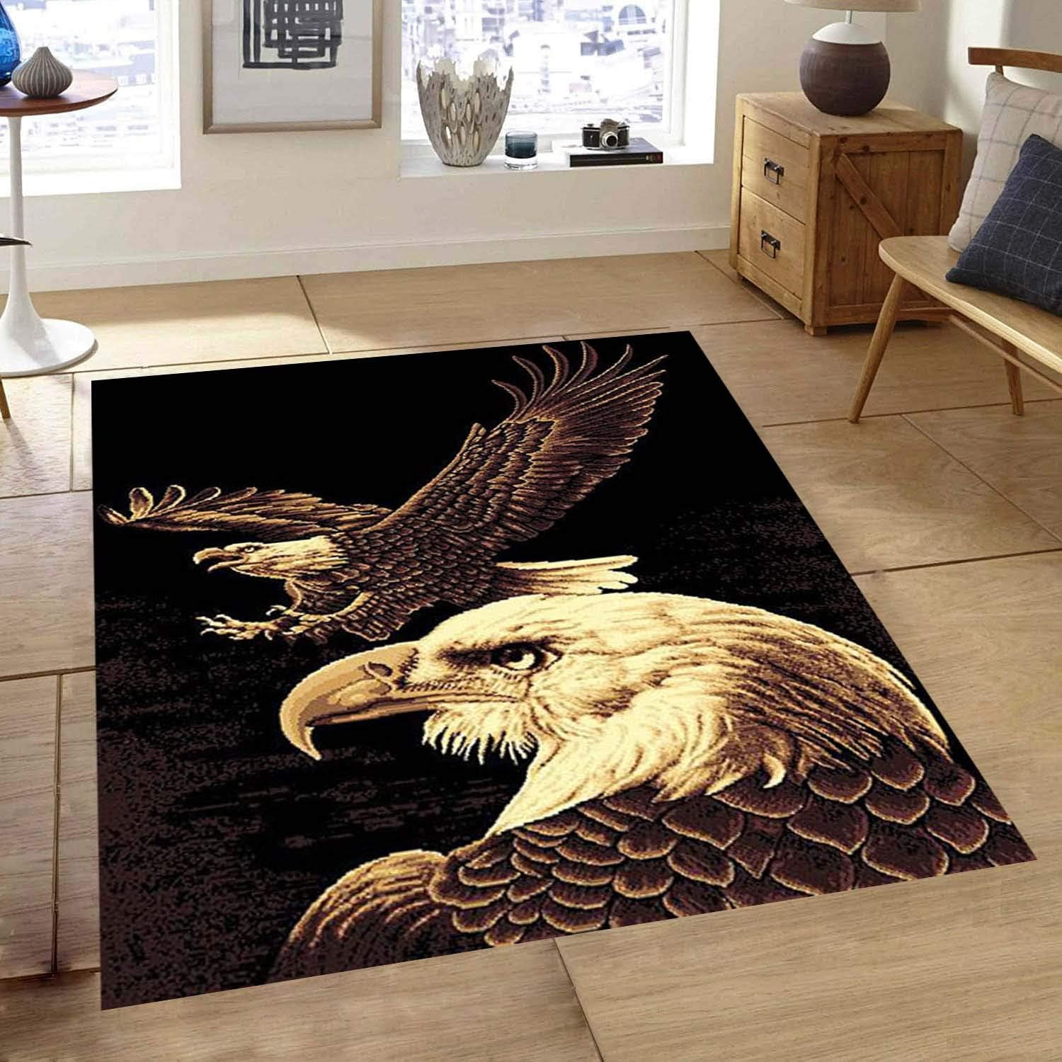 Rustic Log Cabin Decor American Bald Eagle Carpet Area Rug (5’ 3” X 7