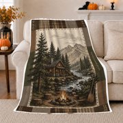 Rustic Log Cabin Forest River Scenery Campfire Retreat, Rustic Camping Scene, Warm Flannel Blanket for Cabin and Lodge, Outdoor Lovers Fathers Day Gift, Artistic Home Decor