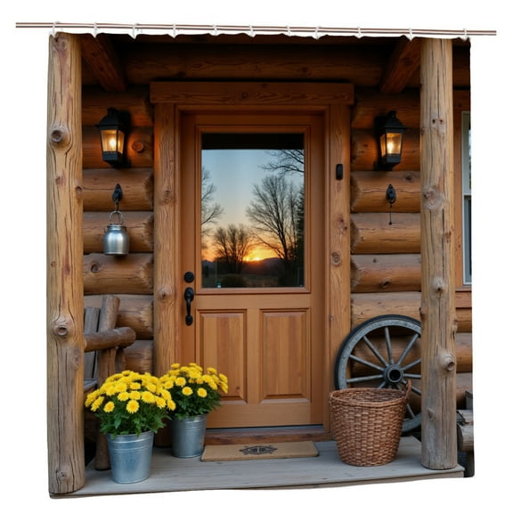 Rustic Log Cabin Front Door Scene Polyester Bath Curtain for Spring Summer Home Bathroom Bath Tub Decor 72x72 inch