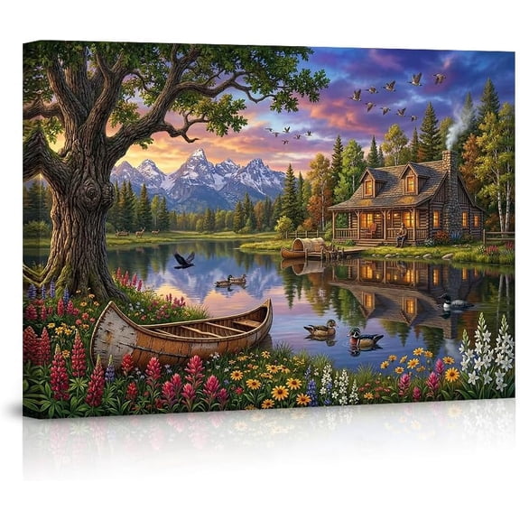 Rustic Log Cabin Lake Canvas Wall Art Mountain Forest Landscape Sunset Print Wildlife Deer Ducks Geese Living Room Bedroom Home Decor Artwork