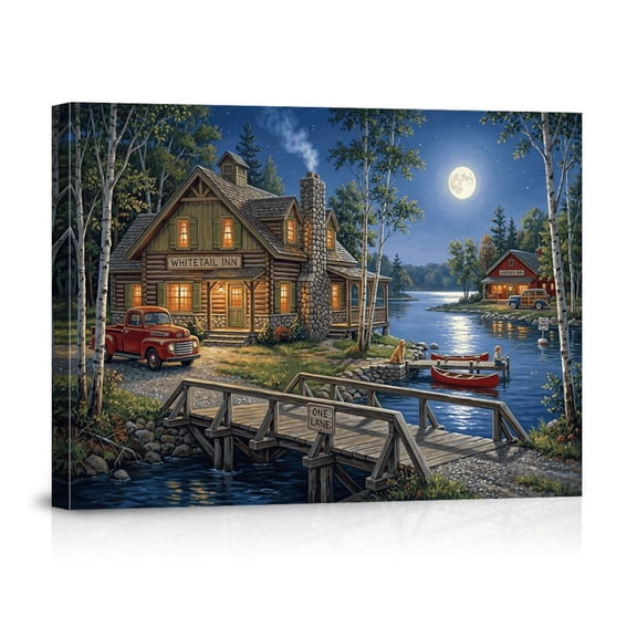 Rustic Log Cabin Lake House Vintage Truck Moonlight Landscape Wall Art Print, Elegant Coastal Theme For Bedroom And Gallery Wall Decor