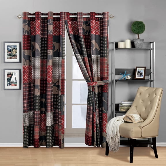 Rustic Log Cabin Lodge Grey Charcoal Deep Red Window Treatment Grommet Curtain Set with Plaid Bear Patchwork Bedspread Coverlet Bedding Set - Plaid Bear Curtains