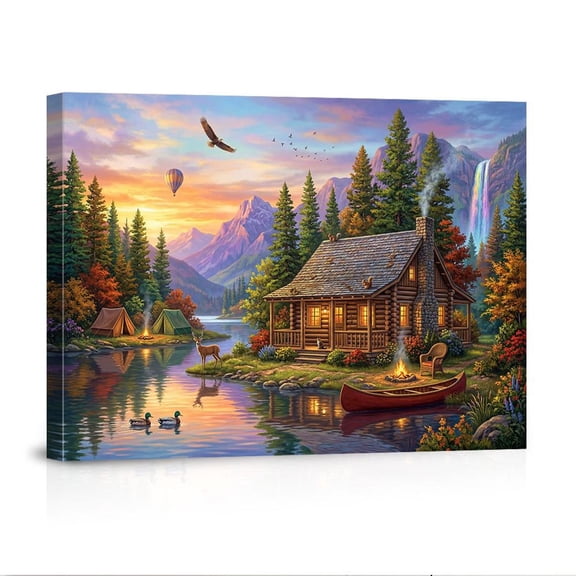 Rustic Log Cabin Mountain Lake Sunset Wilderness Landscape USA Made Canvas