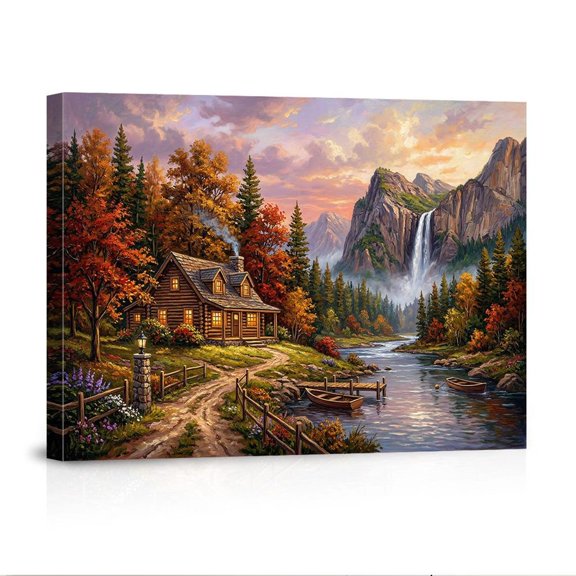 Rustic Log Cabin Mountain Waterfall Autumn River Landscape USA Made Canvas