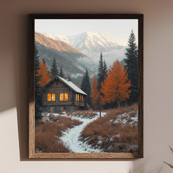 Rustic Log Cabin Poster Wall Art, Autumn Winter Mountains Maple Pine Snow Landscape Poster Poster Decoration, Size 8x12 UNFFRAMED F03.1.7l2780