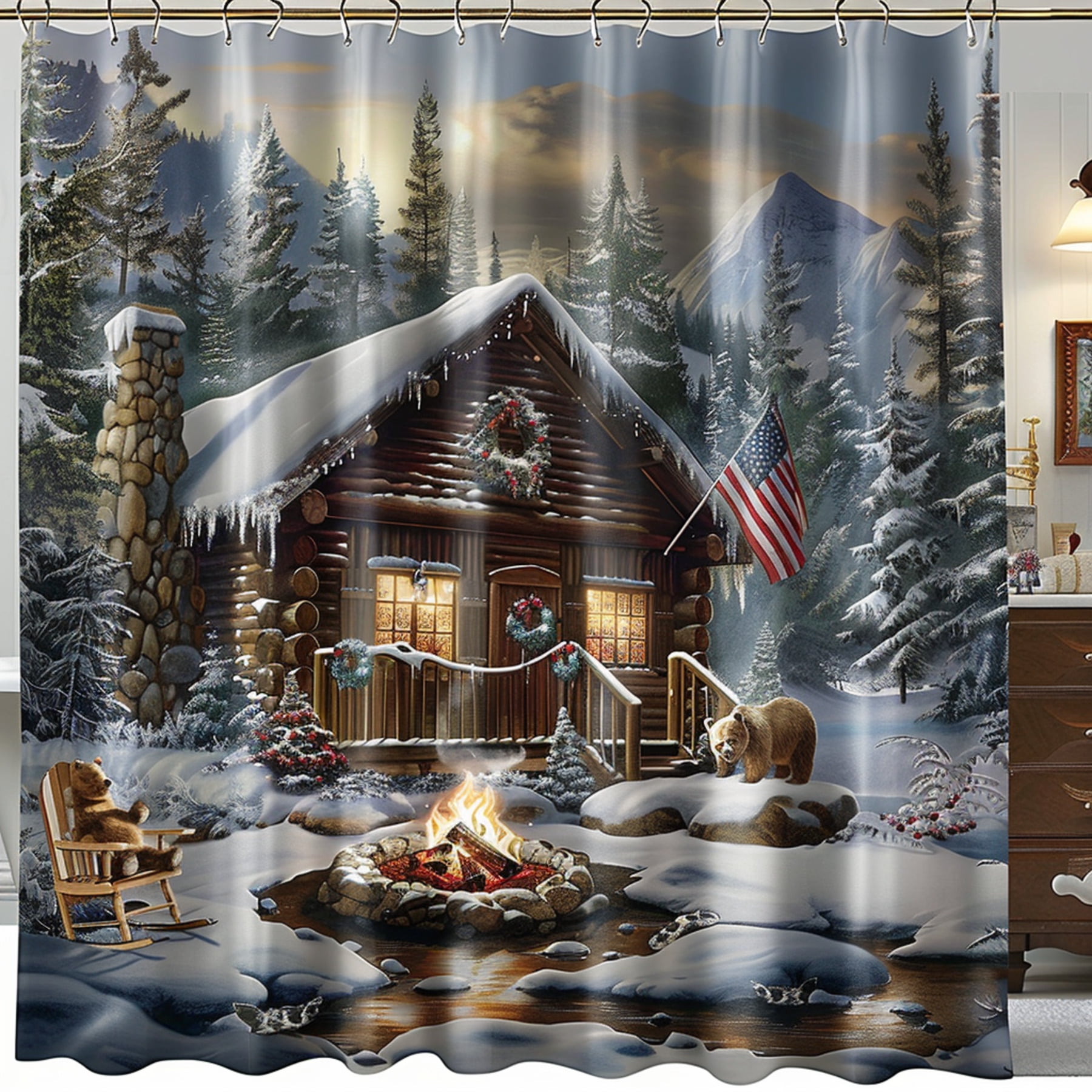Rustic Log Cabin Shower Curtain with Bear and American Flag Night Scene