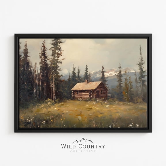 Rustic Log Cabin Wall Art Print, Alpine Pine Forest Mountain Homestead Decor