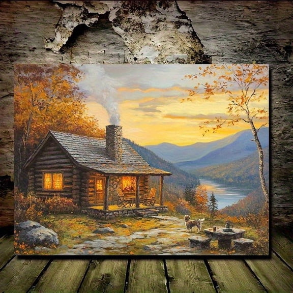 Rustic Log Cabin Wall Art Print, Lodge Landscape Decor