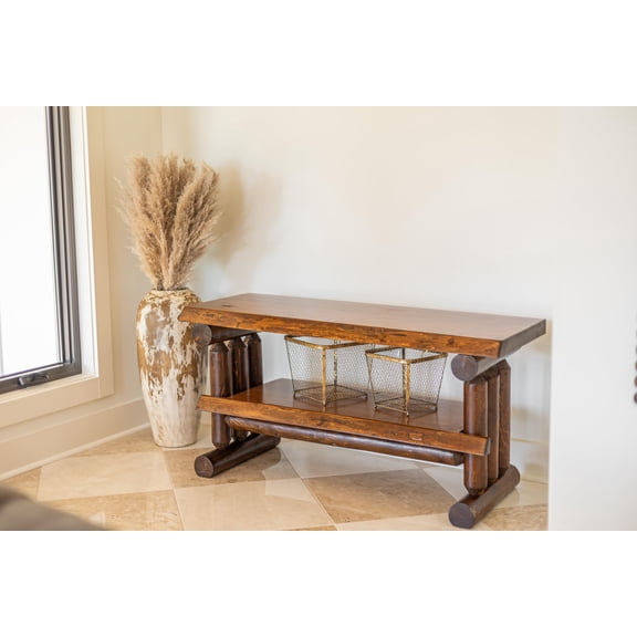 Rustic Log Pine TV Stand with Two Shelves - Honey Pine Finish