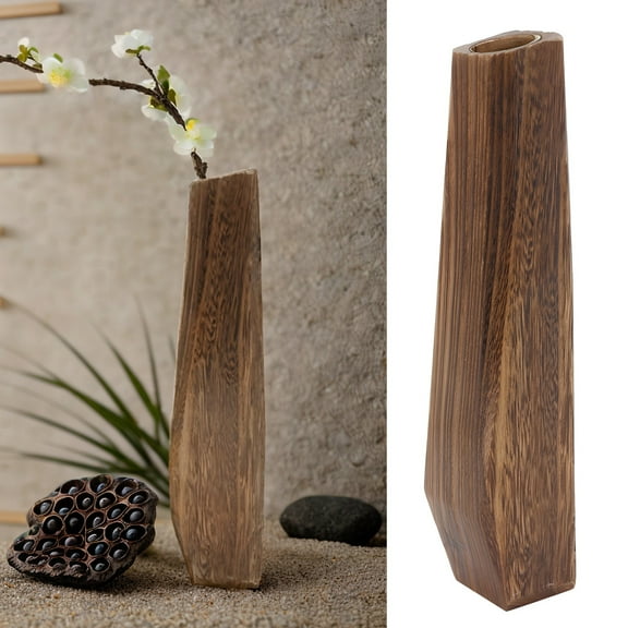 Rustic Long Wooden Flower Vase, Wooden Flowerpot Vase, Burnt Paulownia Wood Decorative Plant Pot, Tall Wood Vase for Dried and Faux Flowers, Elegant Decor for Home Cafe Office