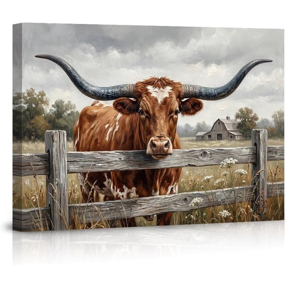 Rustic Longhorn Cow Wall Art Farmhouse Canvas Print Western Barn Home Decor