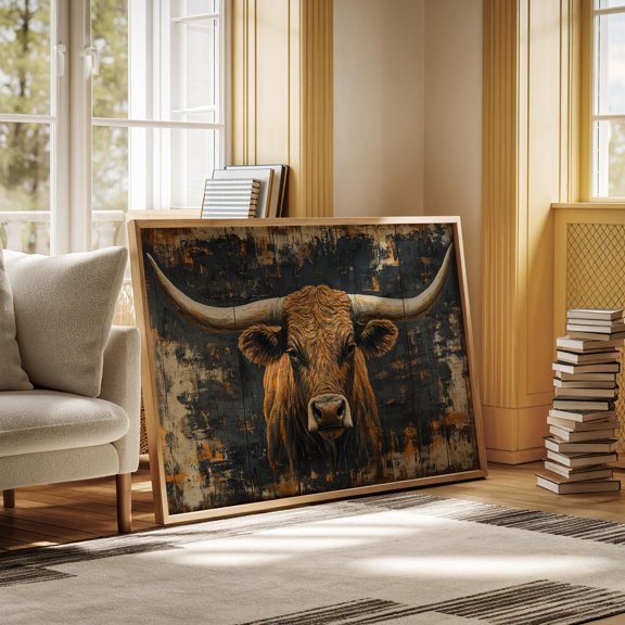 Rustic Longhorn Cow Wall Poster Art Western Cattle On Distressed Dark Background , Poster Print Only