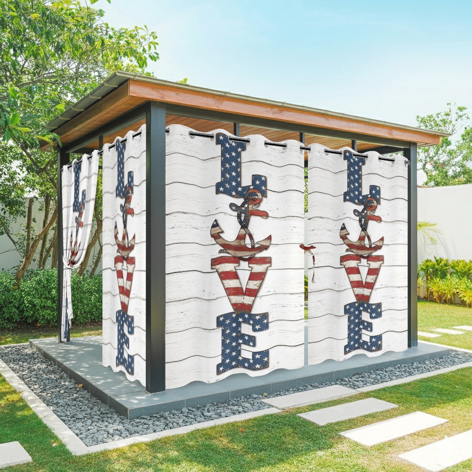 Rustic Love Outdoor Curtains for Patio, Windmill Stars Stripes Wood Grain USA Flag Sunshade Privacy Drapes Grommet Waterproof Outside Curtains for Porch/Cabana/Balcony 54"x 108", 1 Panel