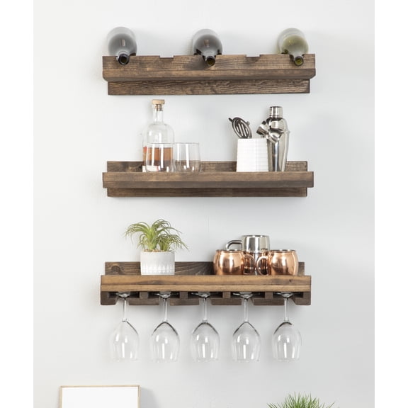 Rustic Luxe Tiered Wall Mount Wine Rack and Stemware Glass Holder Set