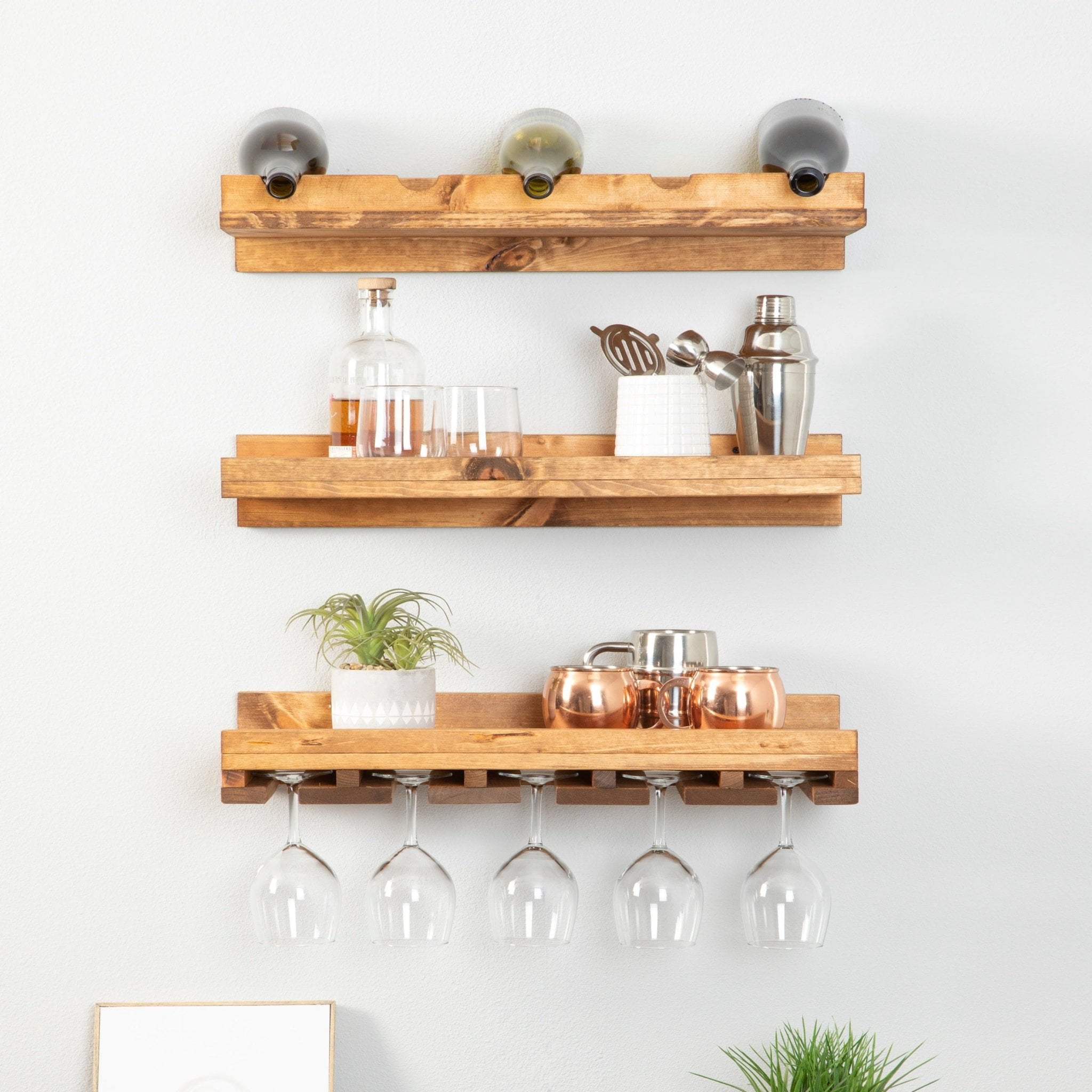 Rustic Luxe Tiered Wall Mount Wine Rack and Stemware Glass Holder Set ...