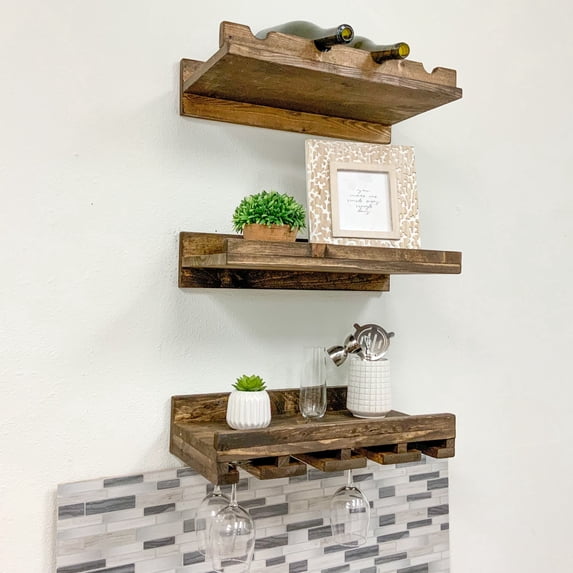 Rustic Luxe Tiered Wall Mount Wine Rack and Stemware Glass Holder Set