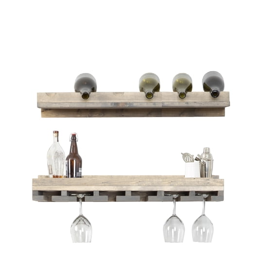 Rustic Luxe Tiered Wall Mounted Wine Rack and Stemware Holder Set
