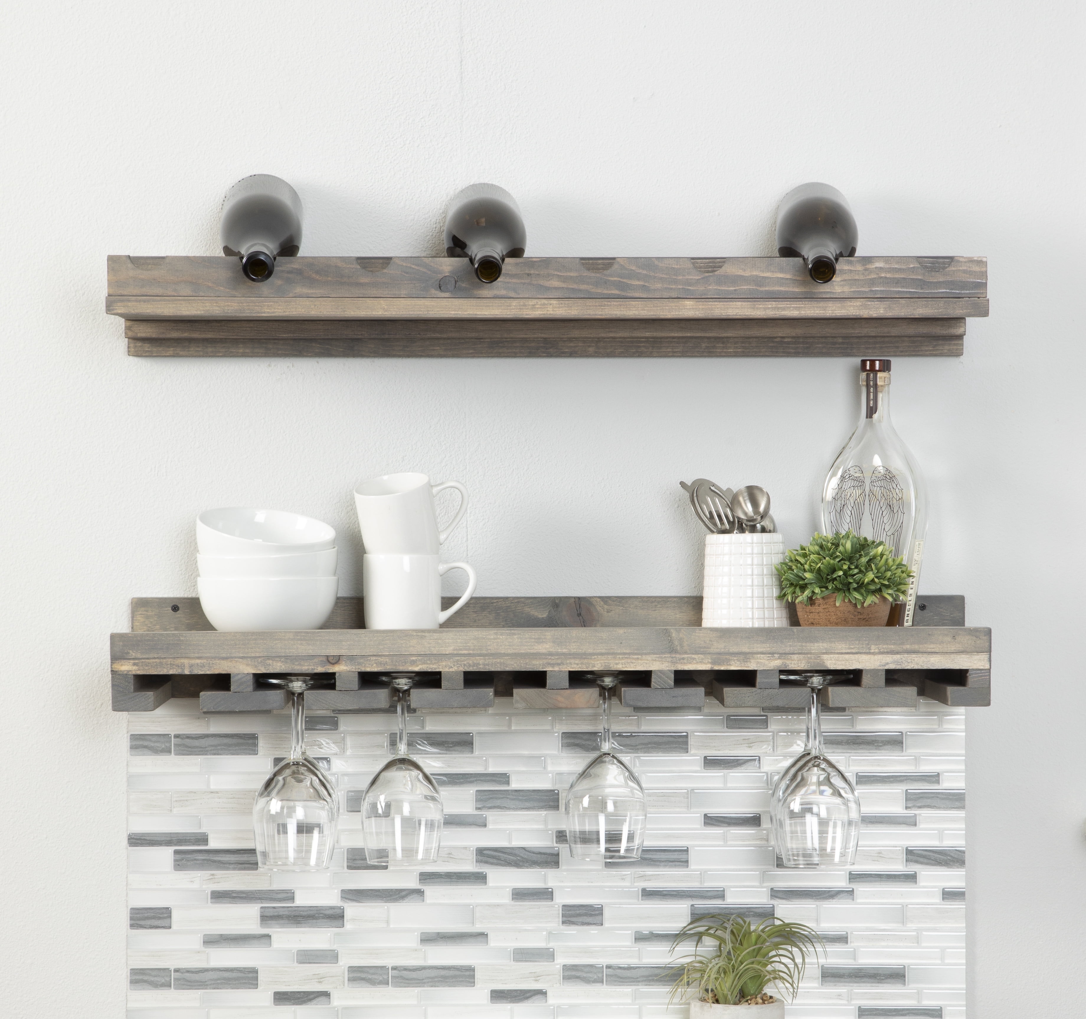 Rustic Luxe Tiered Wall Mounted Wine Rack and Stemware Holder Set ...
