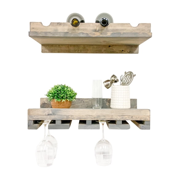 Rustic Luxe Tiered Wall Mounted Wine Rack and Stemware Holder Set