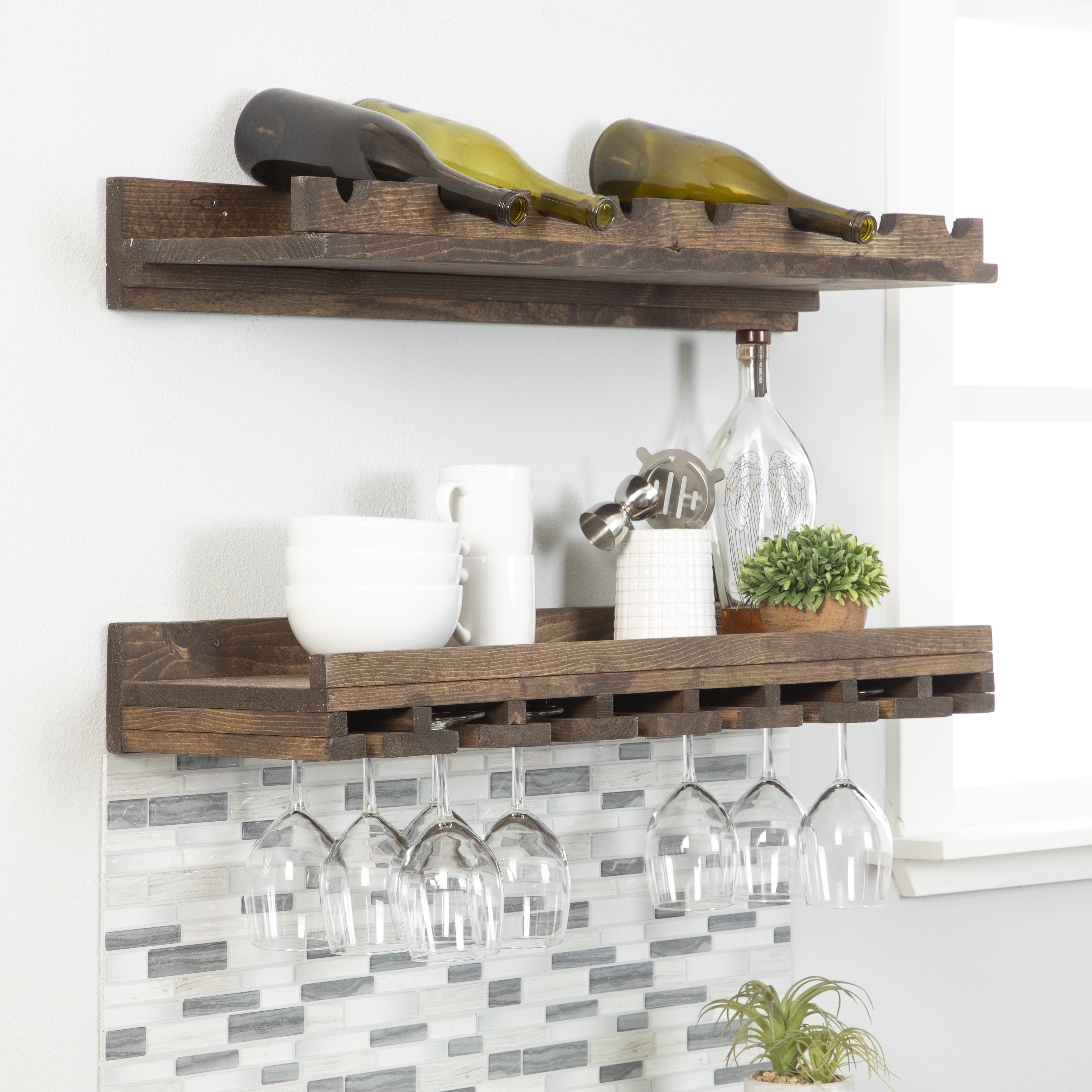 Rustic Luxe Tiered Wall Mounted Wine Rack and Stemware Holder Set ...