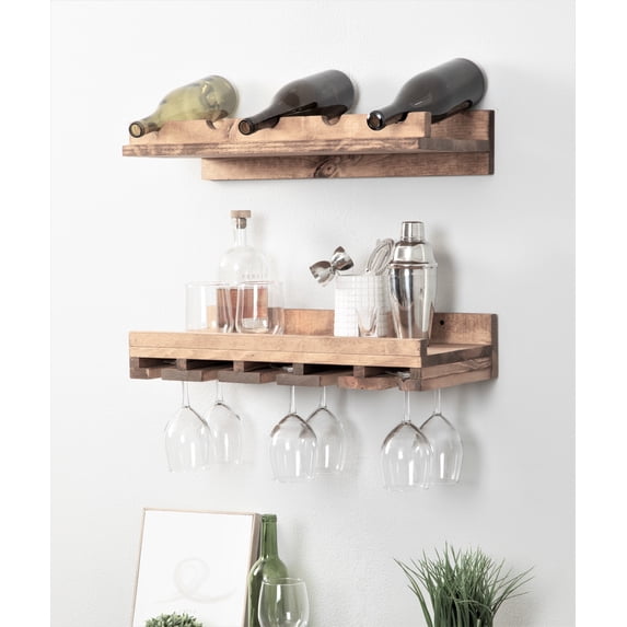 Rustic Luxe Tiered Wall Mounted Wine Rack and Stemware Holder Set